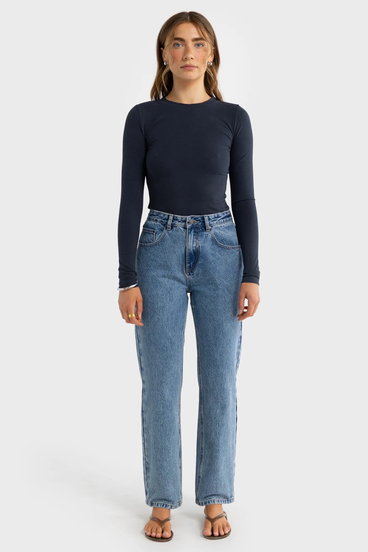 Evie Long Sleeve Fitted Top - Navy