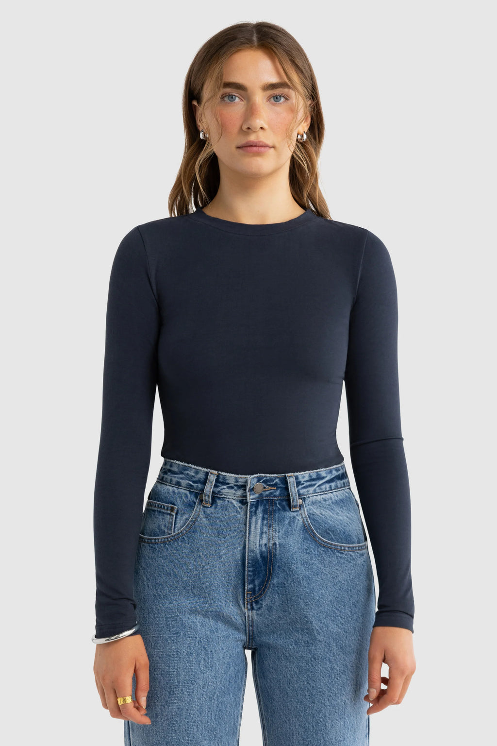 Evie Long Sleeve Fitted Top - Navy