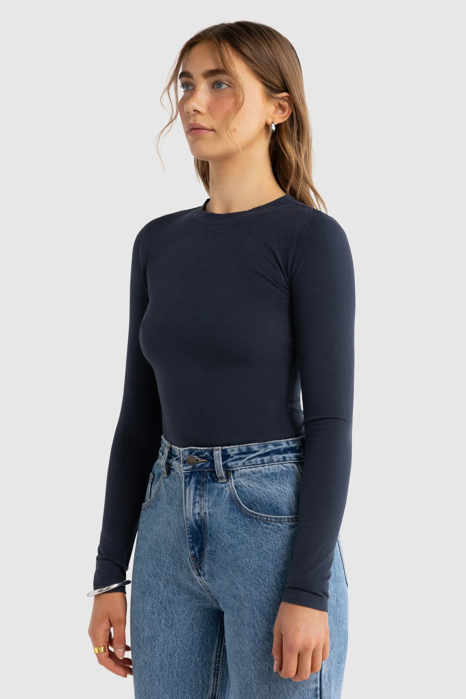Evie Long Sleeve Fitted Top - Navy