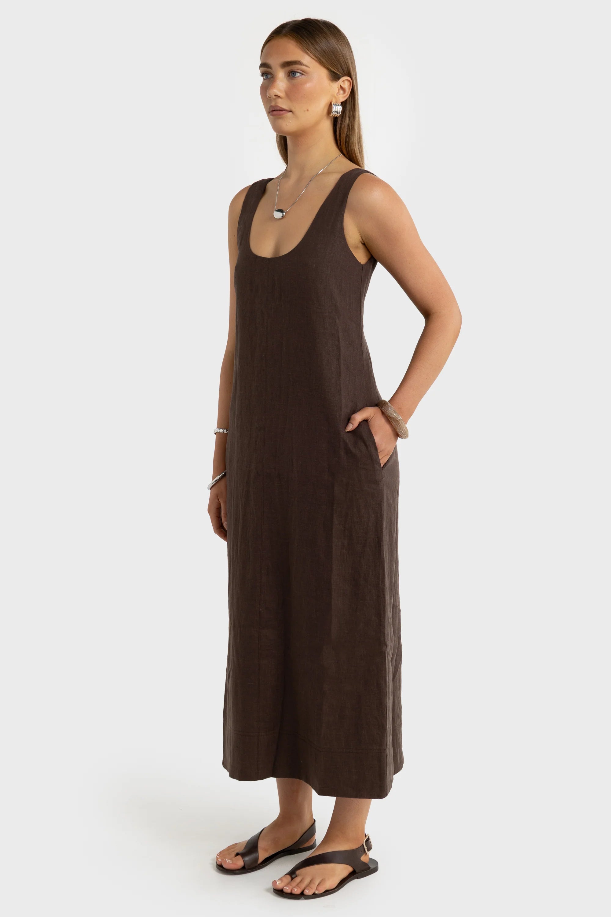 Nora Linen Midi Dress - Carob