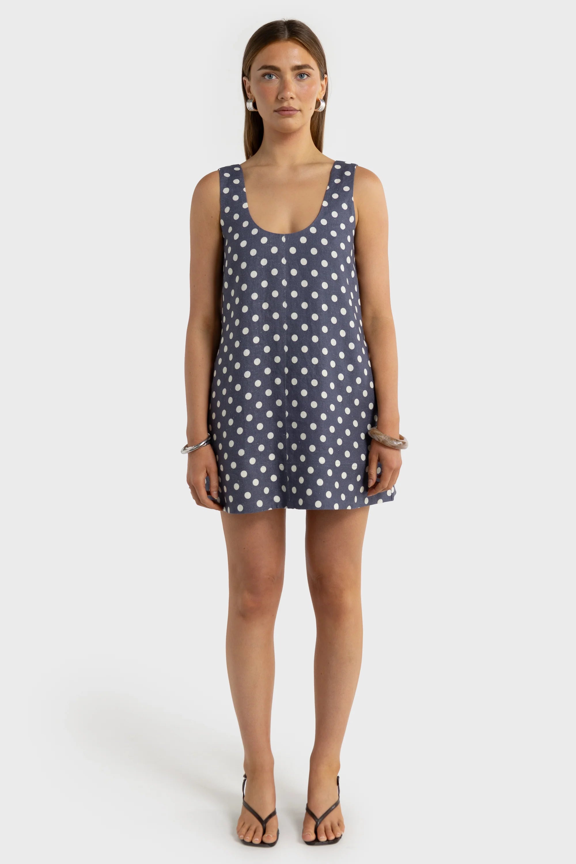 Nora Linen Mini Dress - Harbour Blue Polkadot