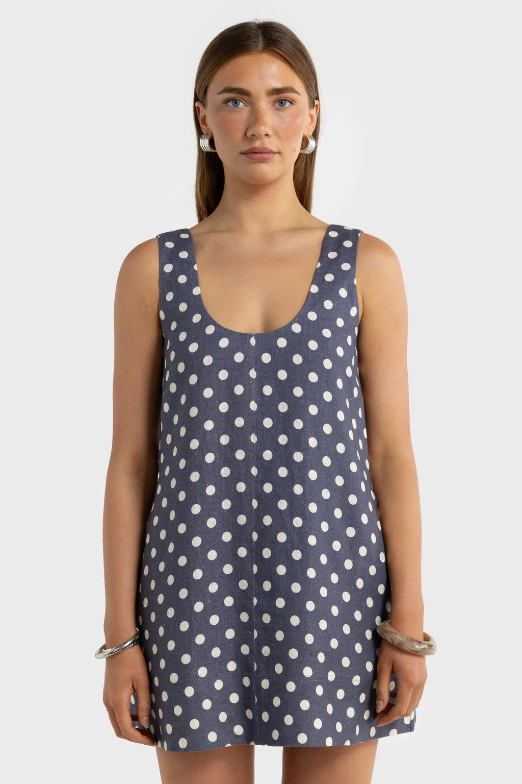 Nora Linen Mini Dress - Harbour Blue Polkadot