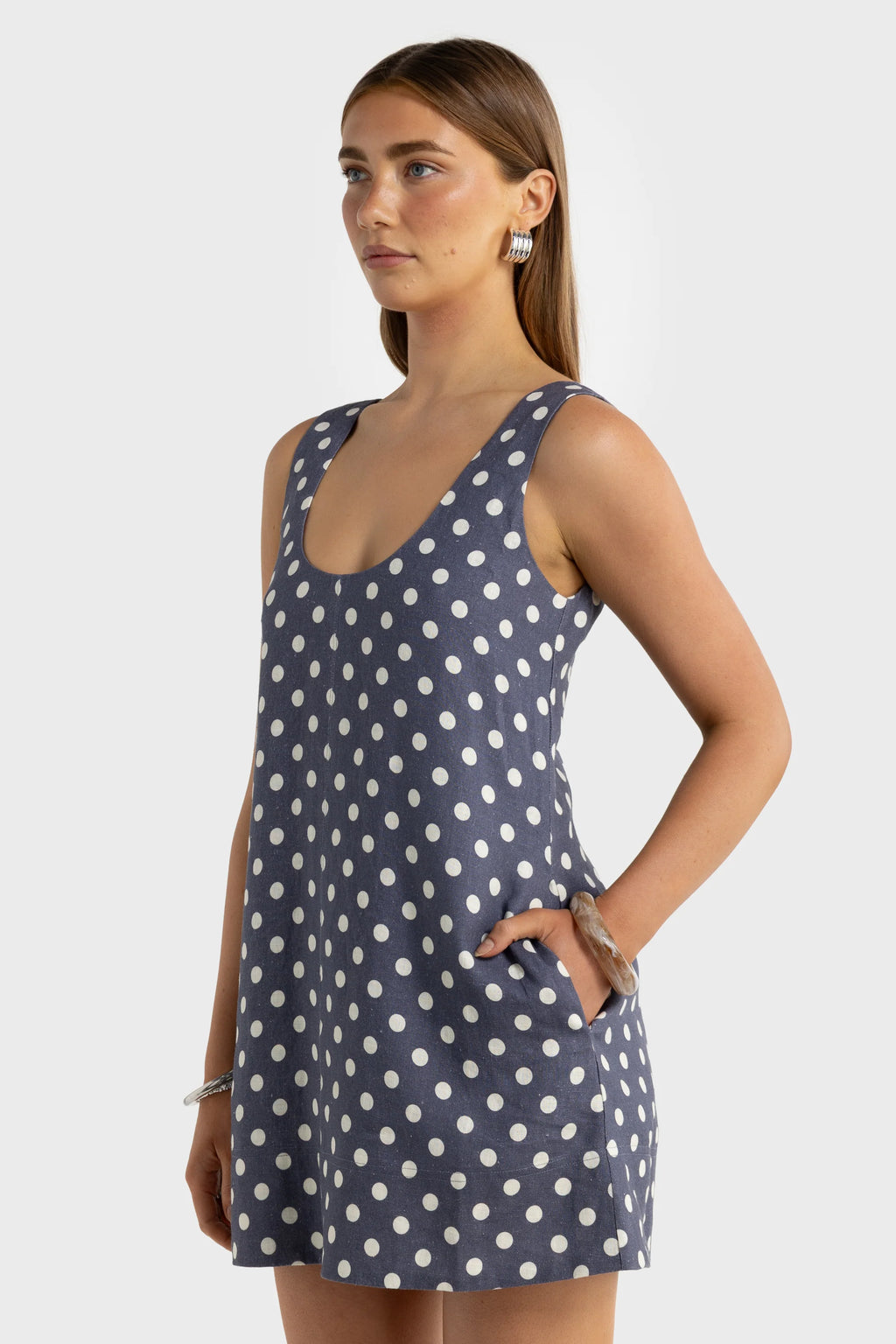 Nora Linen Mini Dress - Harbour Blue Polkadot