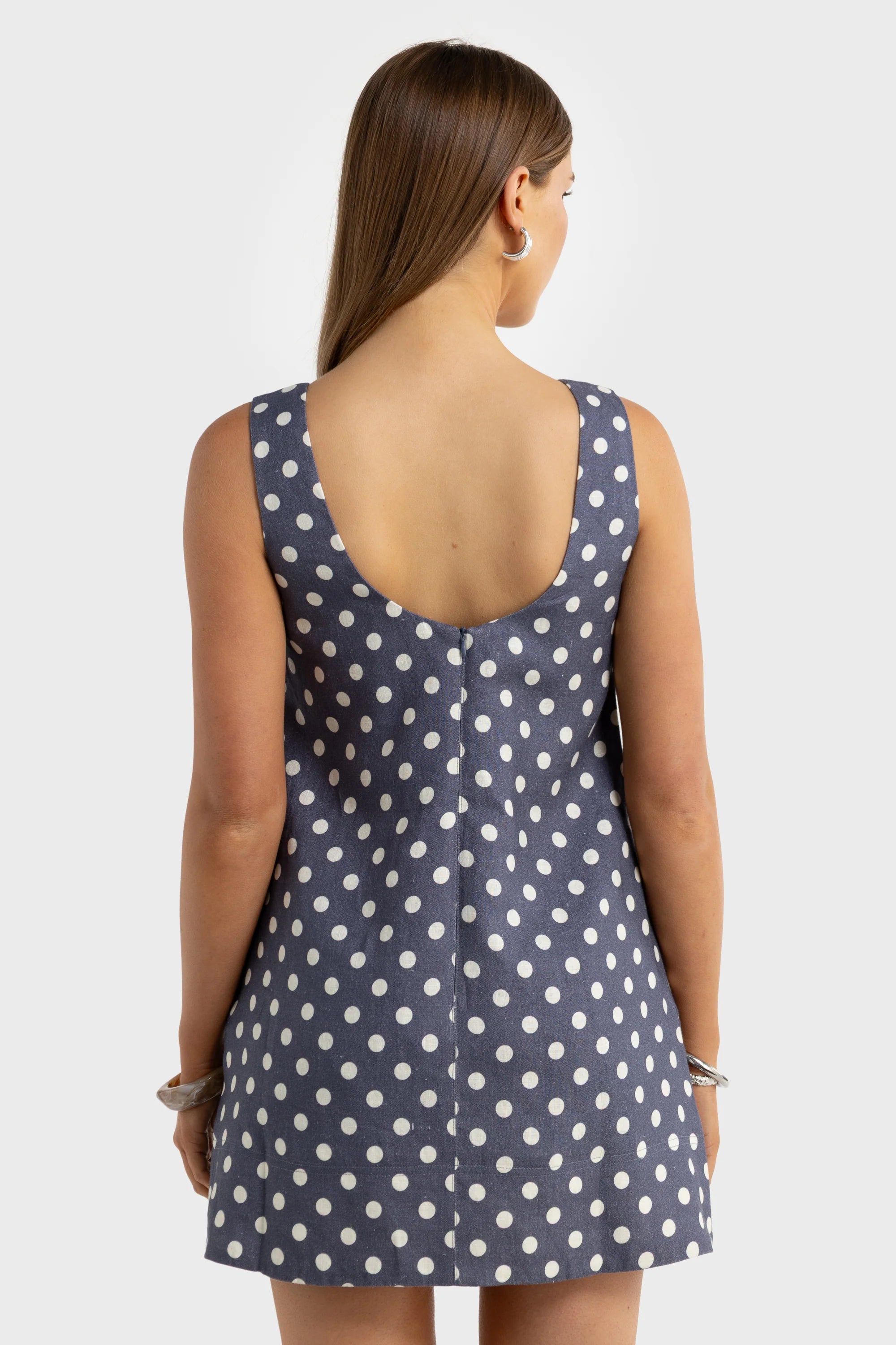 Nora Linen Mini Dress - Harbour Blue Polkadot