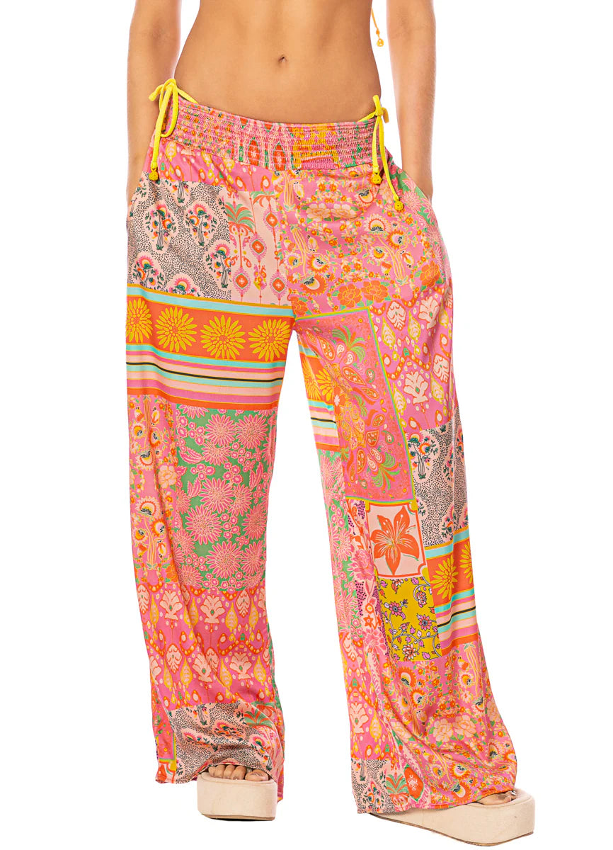 Boho Damask Marsala Pants - Bright Pink