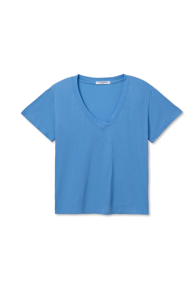Hendrix Cotton Boxy V Neck Tee - Pacific Blue
