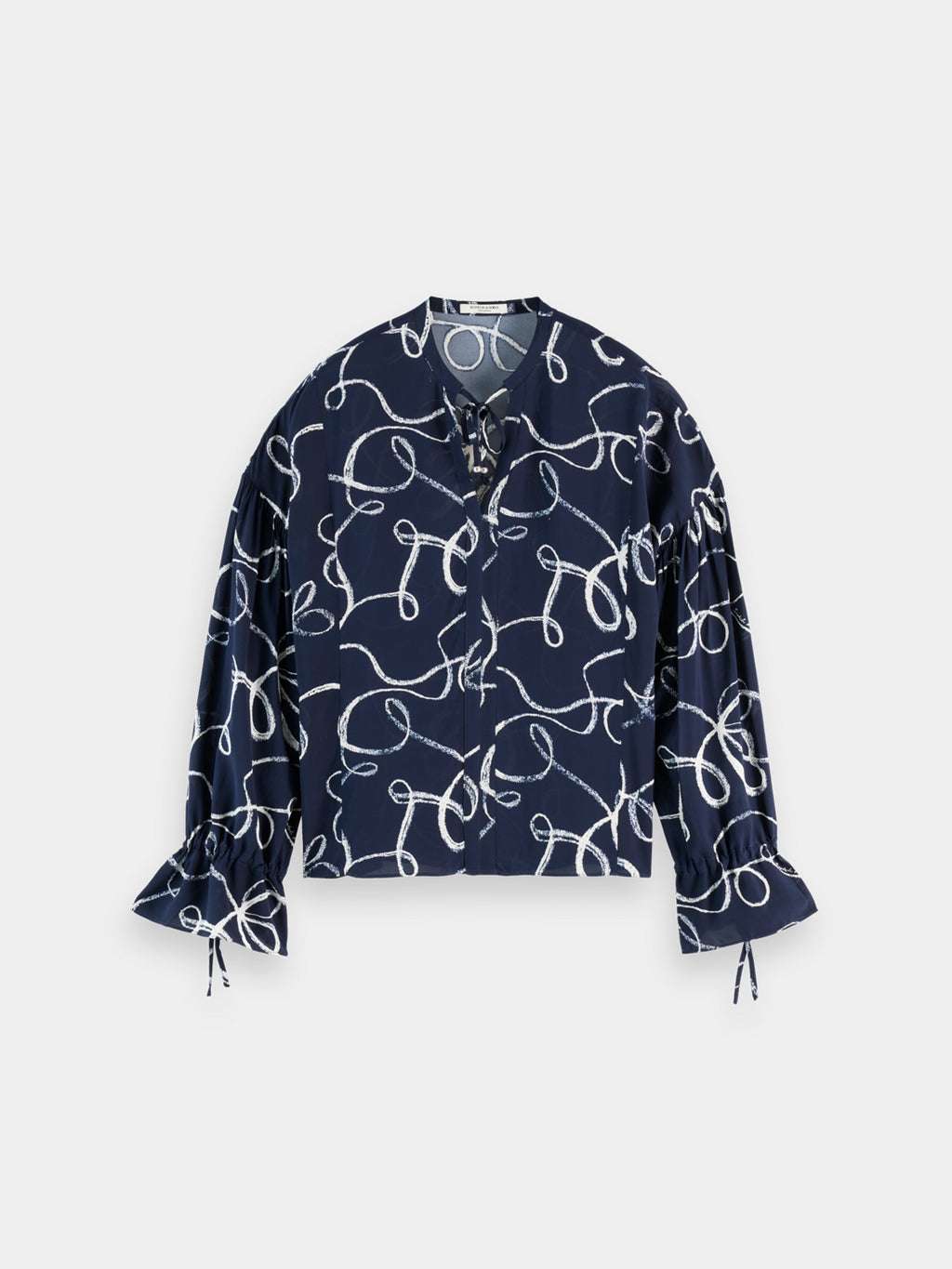 Draw string blouse - Ribbon Navy Aop