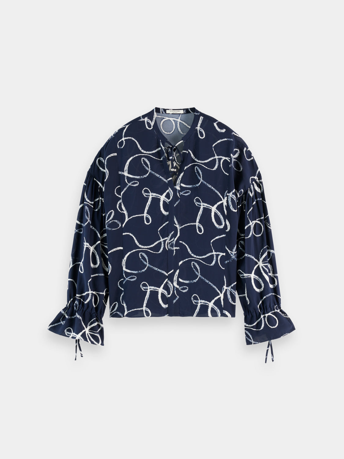 Draw string blouse - Ribbon Navy Aop