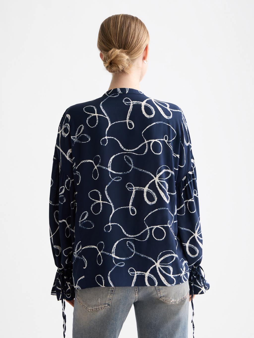 Draw string blouse - Ribbon Navy Aop