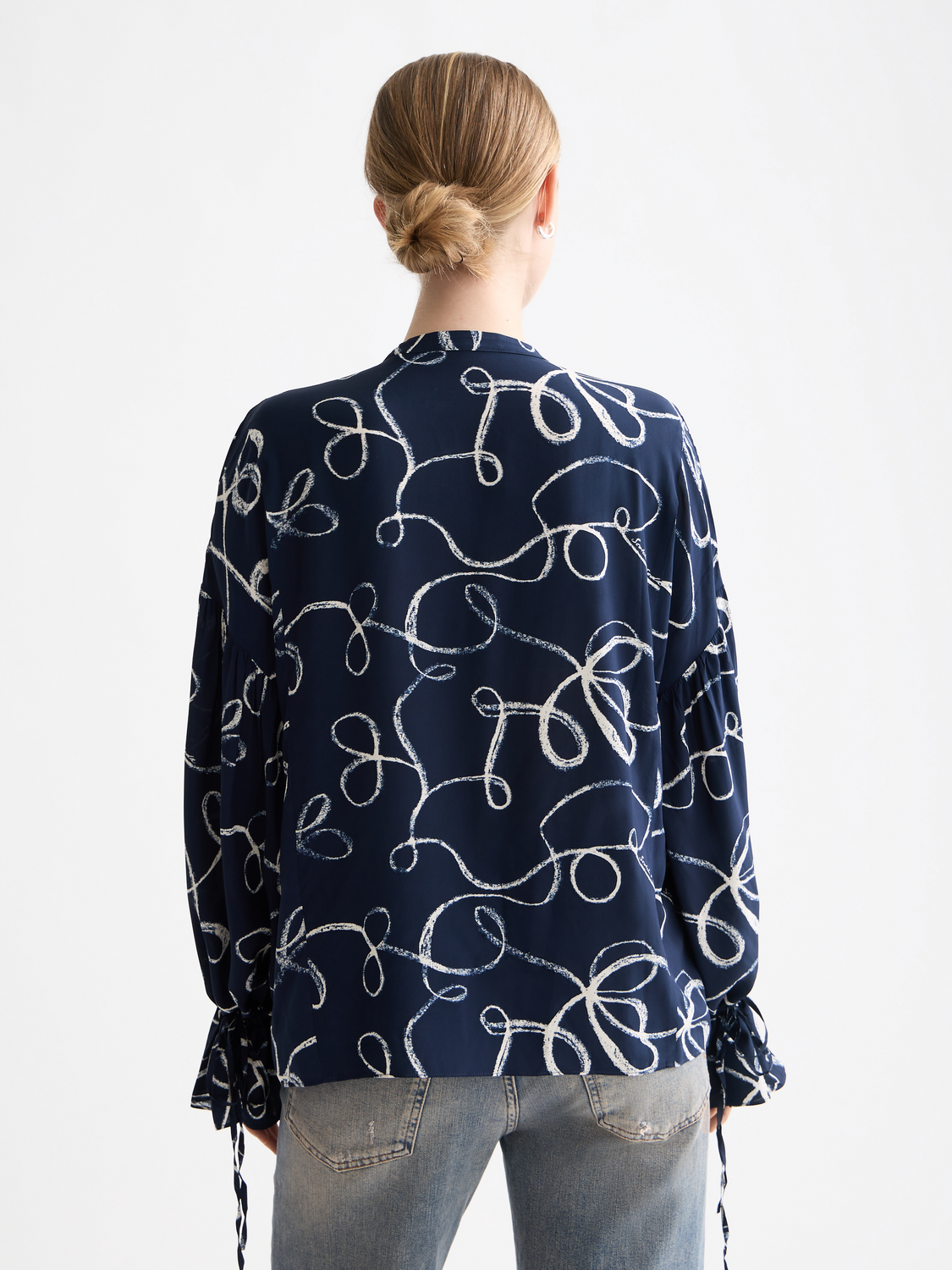 Draw string blouse - Ribbon Navy Aop