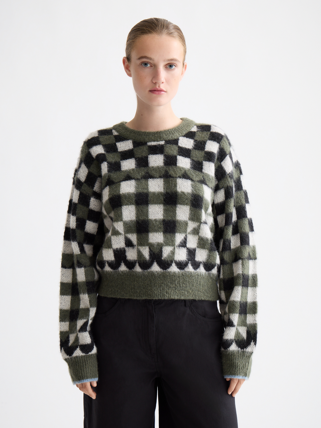 Fuzzy jacquard pullover - Thyme