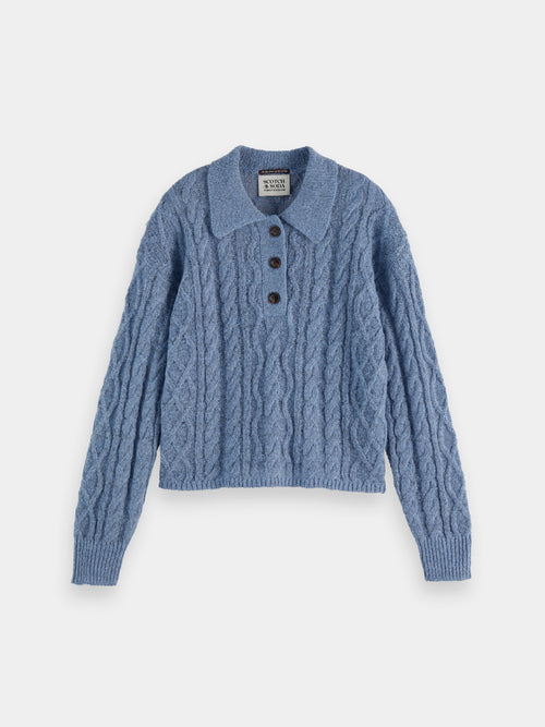 Cable stitch polo pullover - Faded Denim