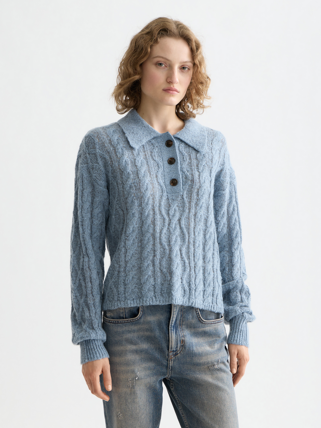 Cable stitch polo pullover - Faded Denim