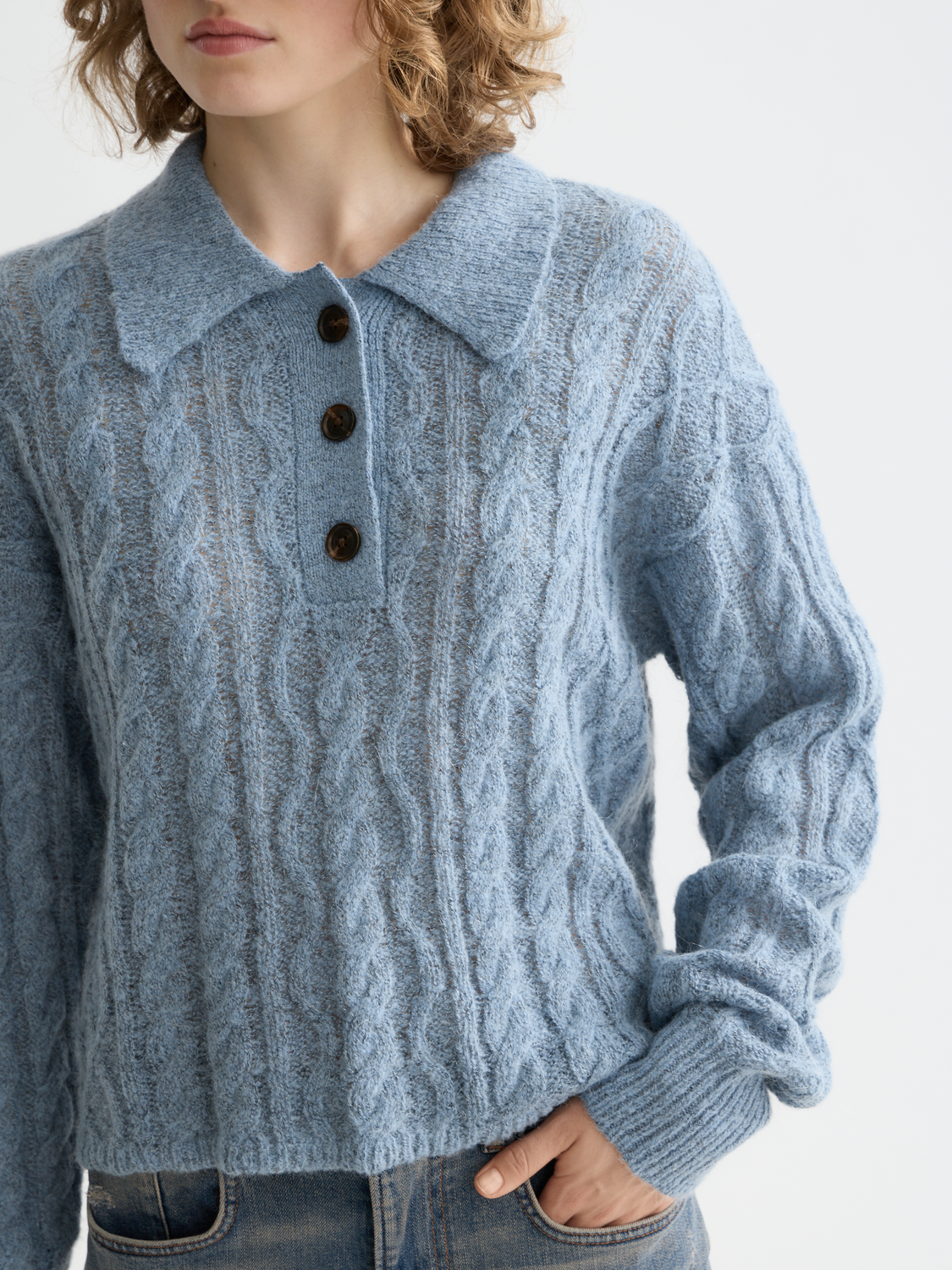 Cable stitch polo pullover - Faded Denim