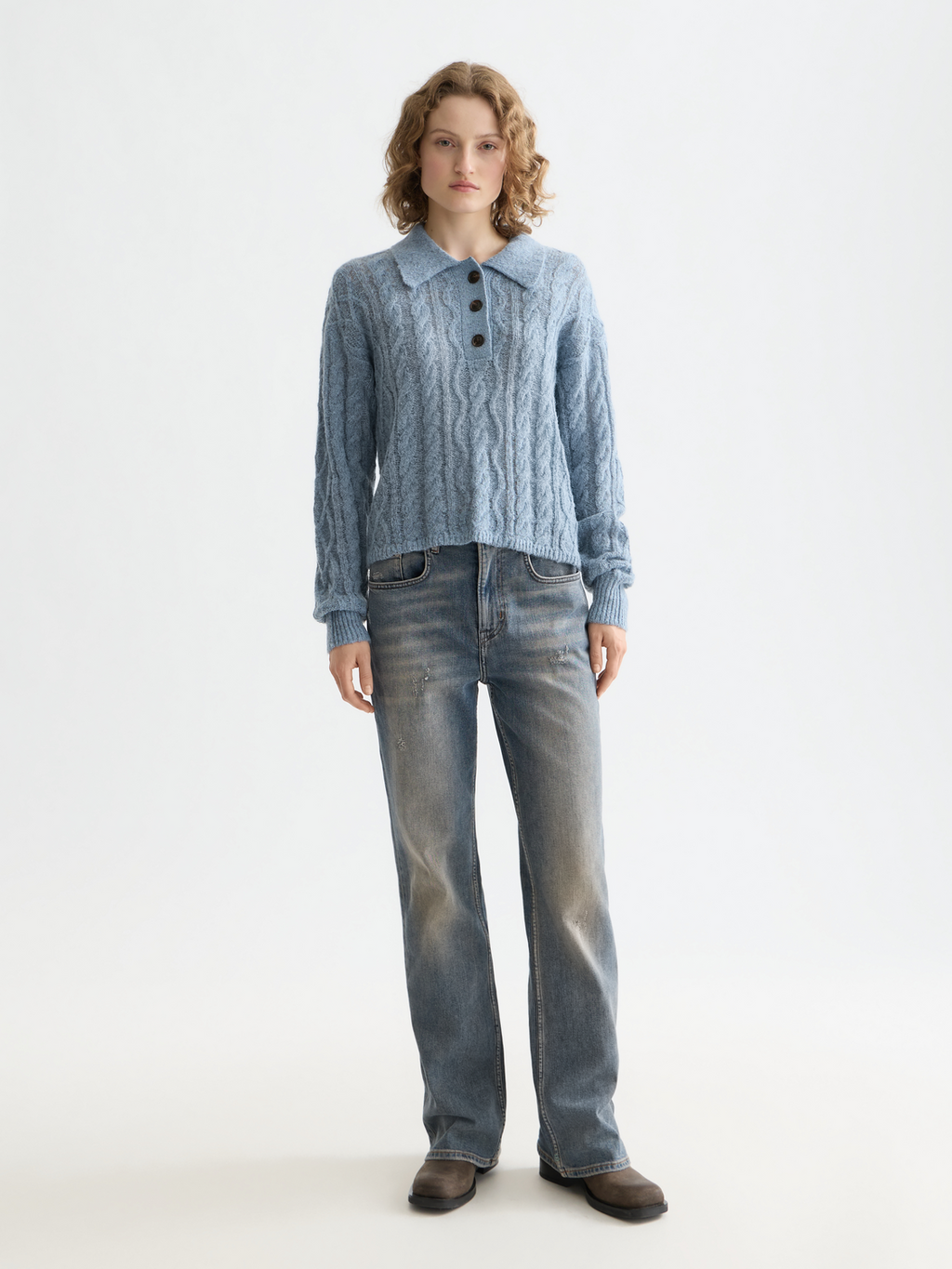 Cable stitch polo pullover - Faded Denim