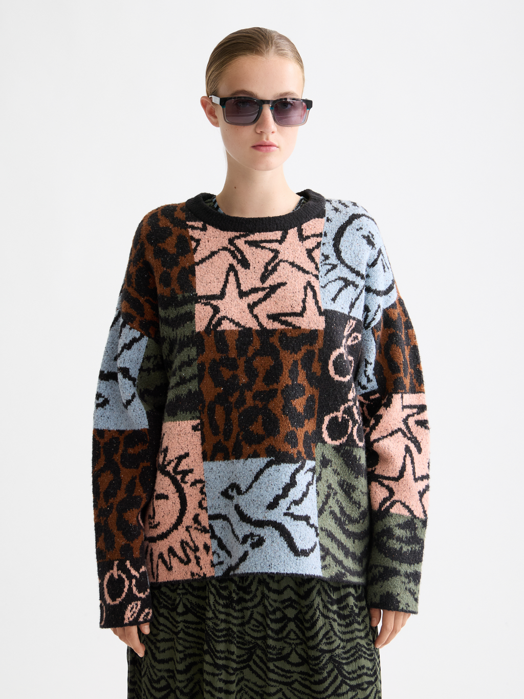 Jacquard oversized pullover - Leopard Patchwork Jacquard