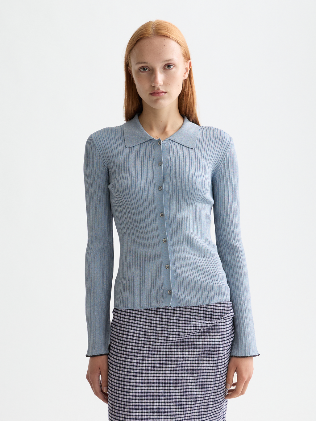 Metallic fitted button up top - Faded Denim Metallic