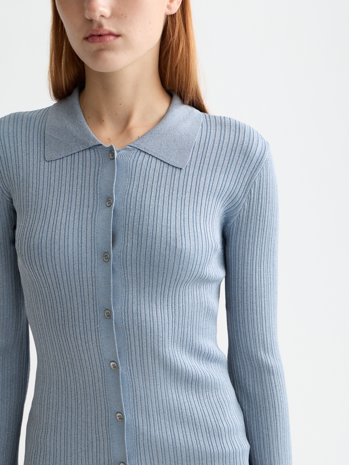 Metallic fitted button up top - Faded Denim Metallic