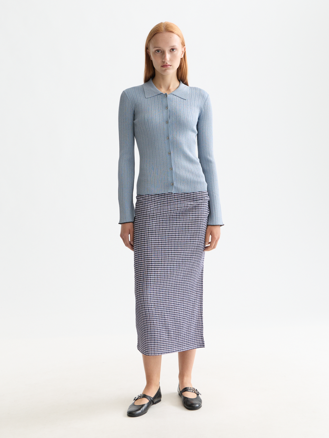 Metallic fitted button up top - Faded Denim Metallic