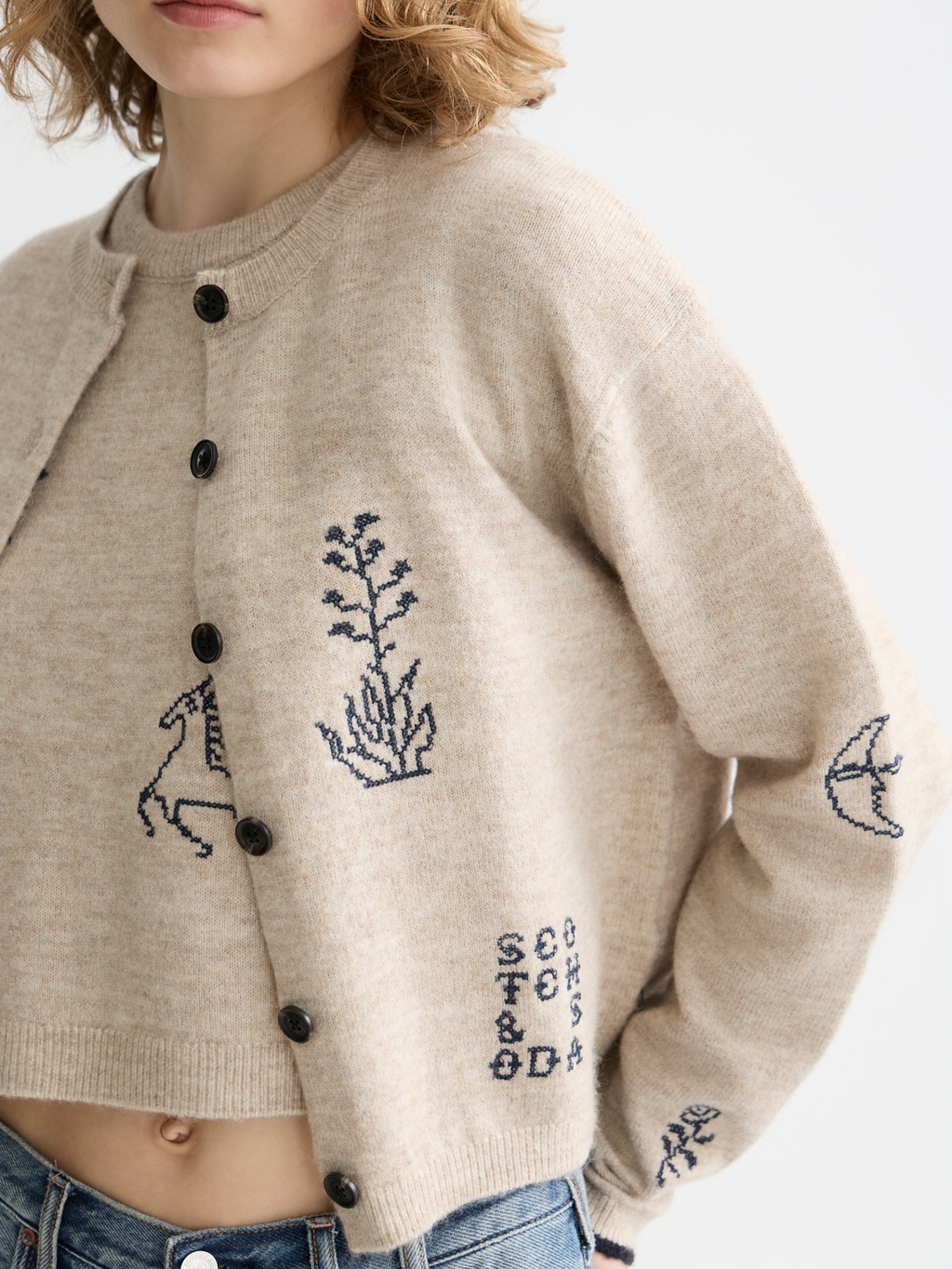 Scotch & Soda - Embroidered crew neck cardigan - Oatmeal Melange