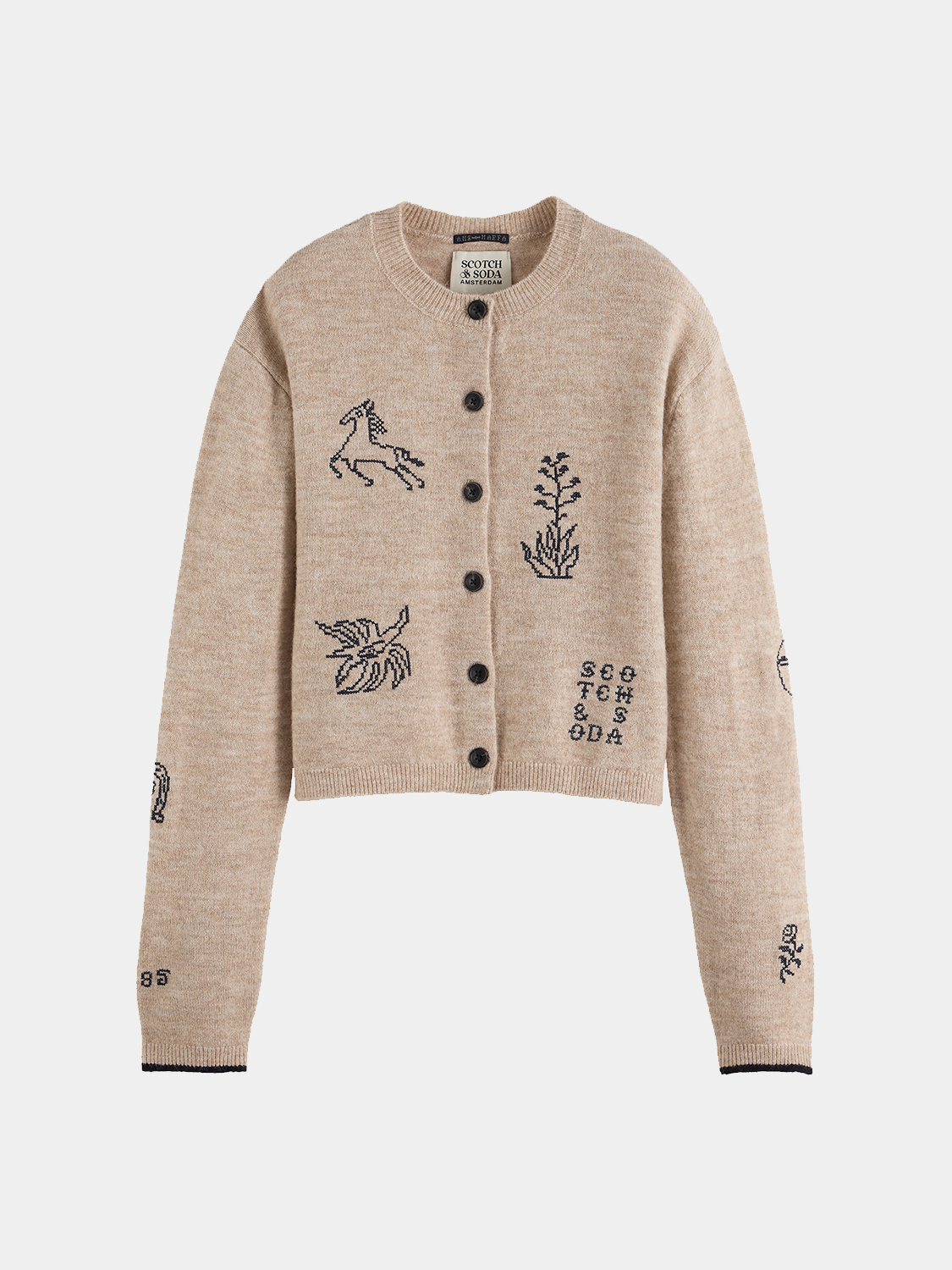 Scotch & Soda - Embroidered crew neck cardigan - Oatmeal Melange