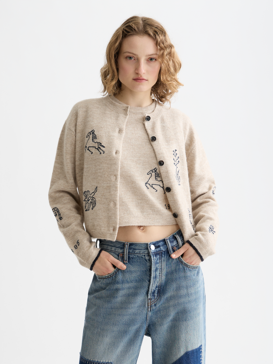 Scotch & Soda - Embroidered crew neck cardigan - Oatmeal Melange