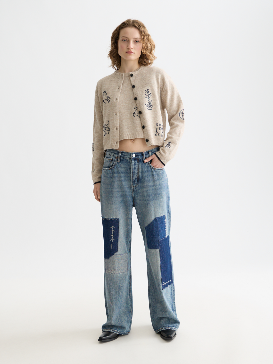Scotch & Soda - Embroidered crew neck cardigan - Oatmeal Melange