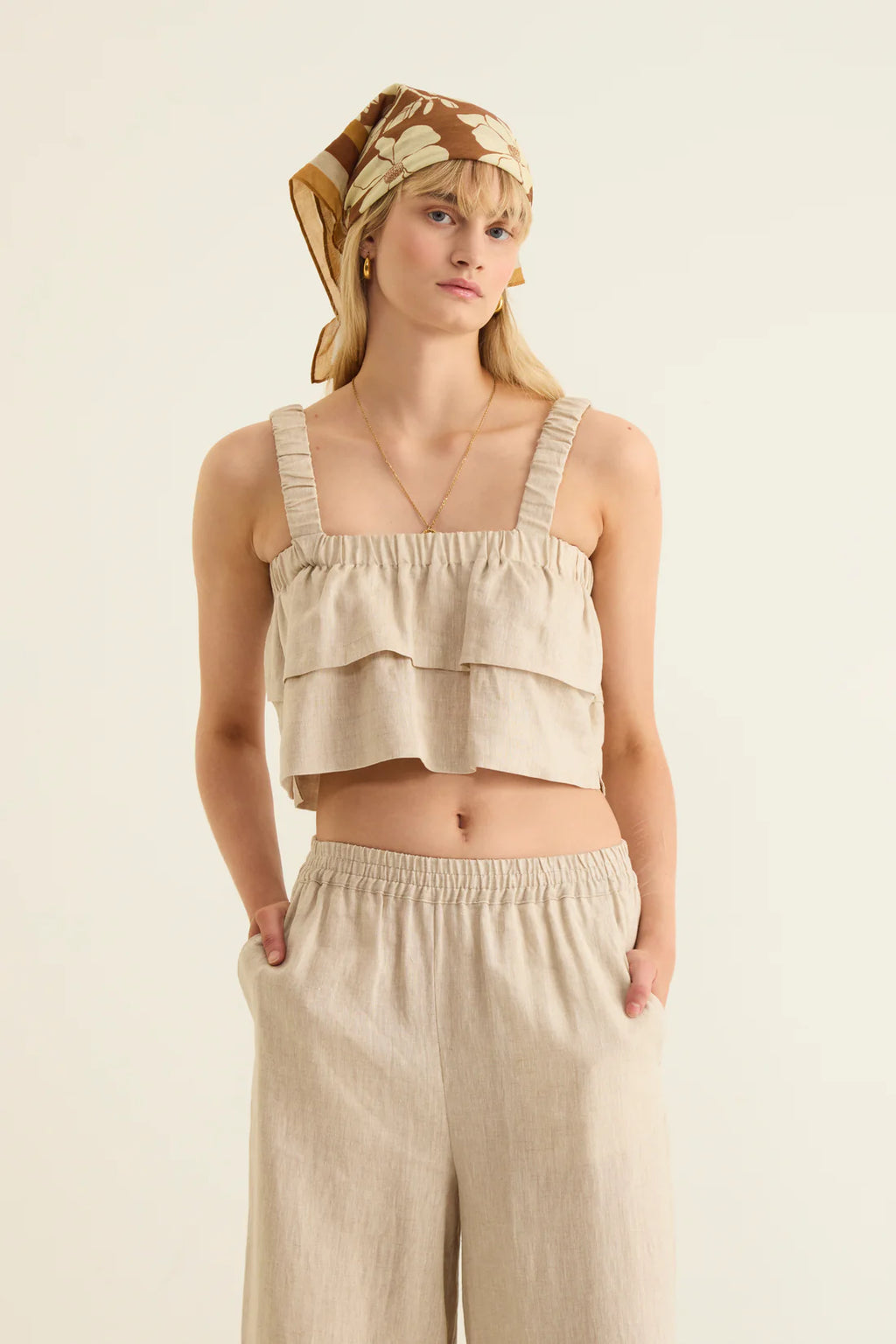 Elements Linen  Frill Top - Creme