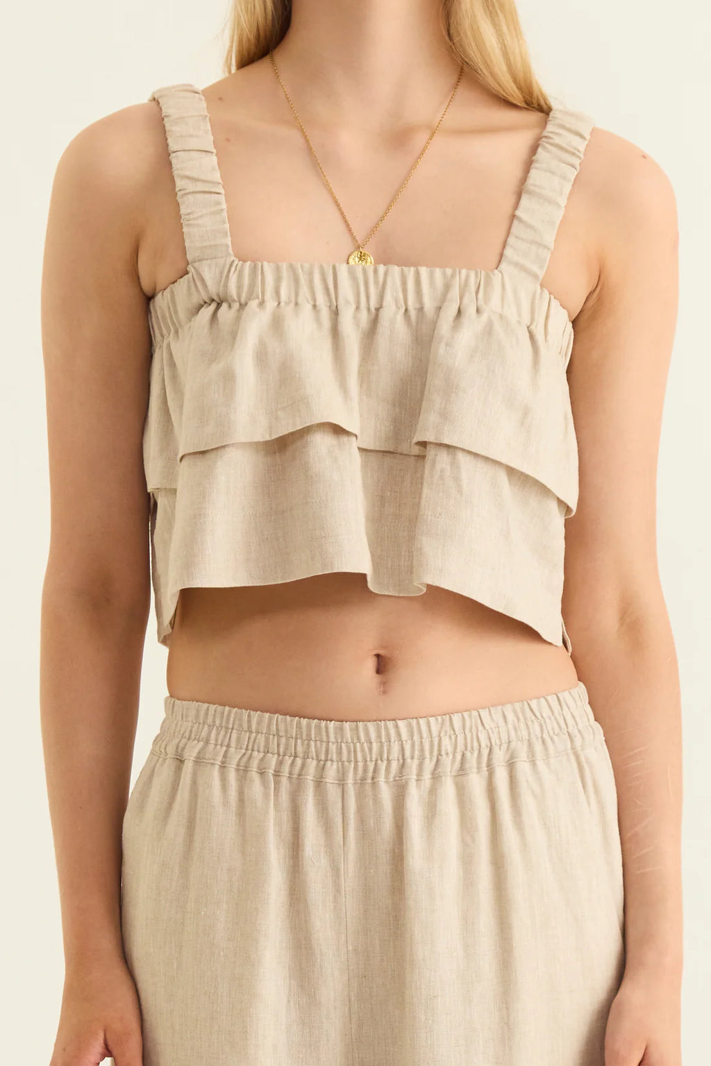 Elements Linen  Frill Top - Creme