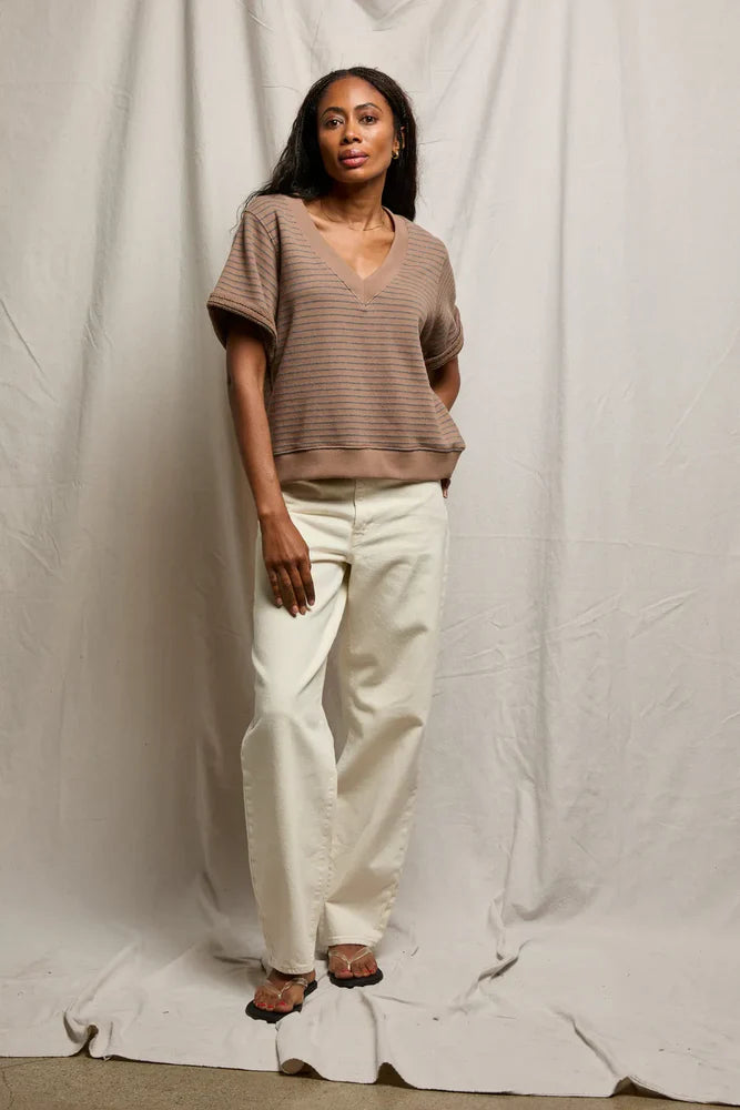 Brigs French Terry Stripe V-Neck Sweatshirt - Mocha / Charcoal