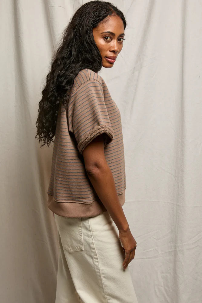 Brigs French Terry Stripe V-Neck Sweatshirt - Mocha / Charcoal