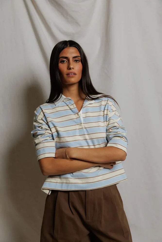 Daria Cotton Rugby Shirt - Powder Blue Stripe