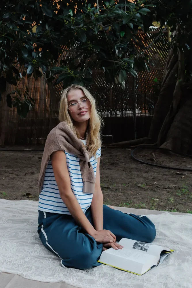 Everett Jersey Stripe Boxy Crewneck Tee - Cobalt Stripe