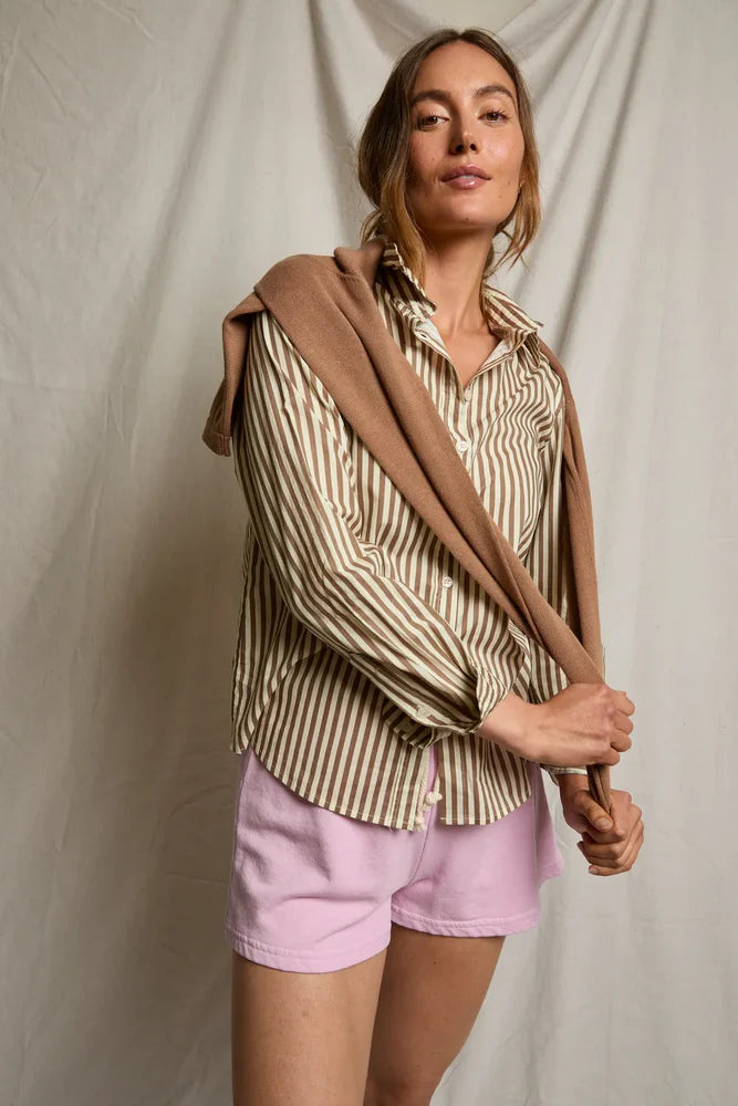 Giselle Cotton Poplin Shirt - Mocha Stripe
