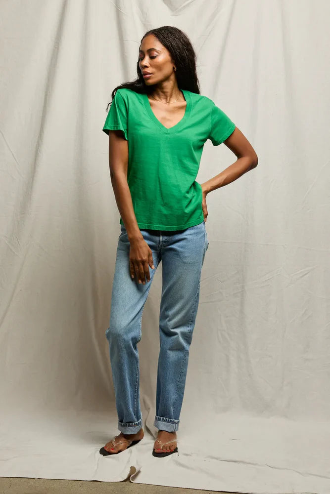 Hendrix Cotton Boxy V Neck Tee - Grass