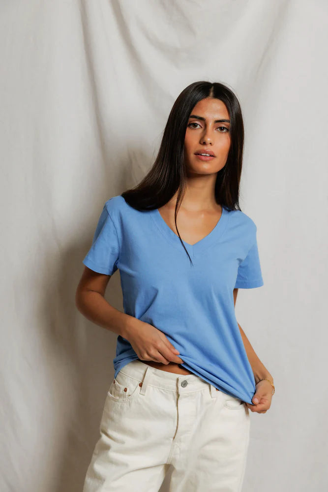 Hendrix Cotton Boxy V Neck Tee - Pacific Blue