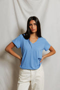 Hendrix Cotton Boxy V Neck Tee - Pacific Blue