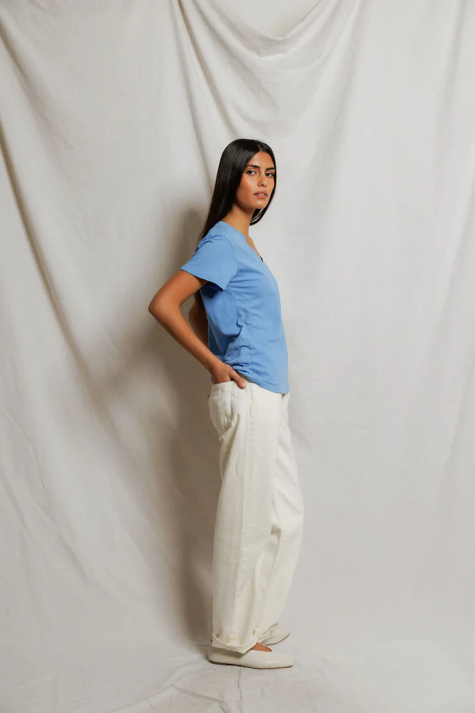 Hendrix Cotton Boxy V Neck Tee - Pacific Blue