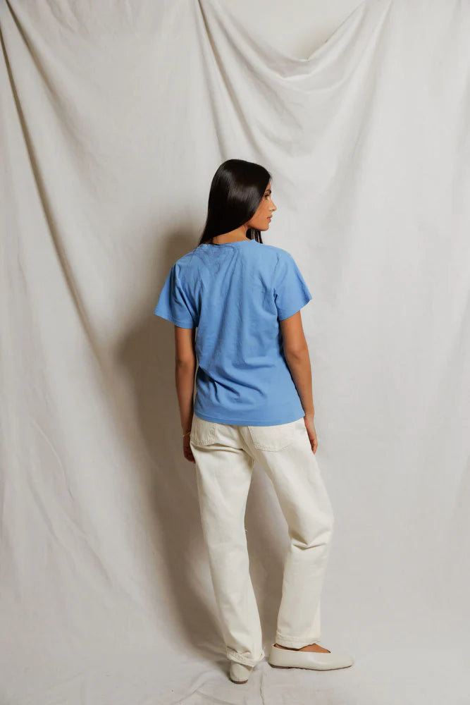 Hendrix Cotton Boxy V Neck Tee - Pacific Blue